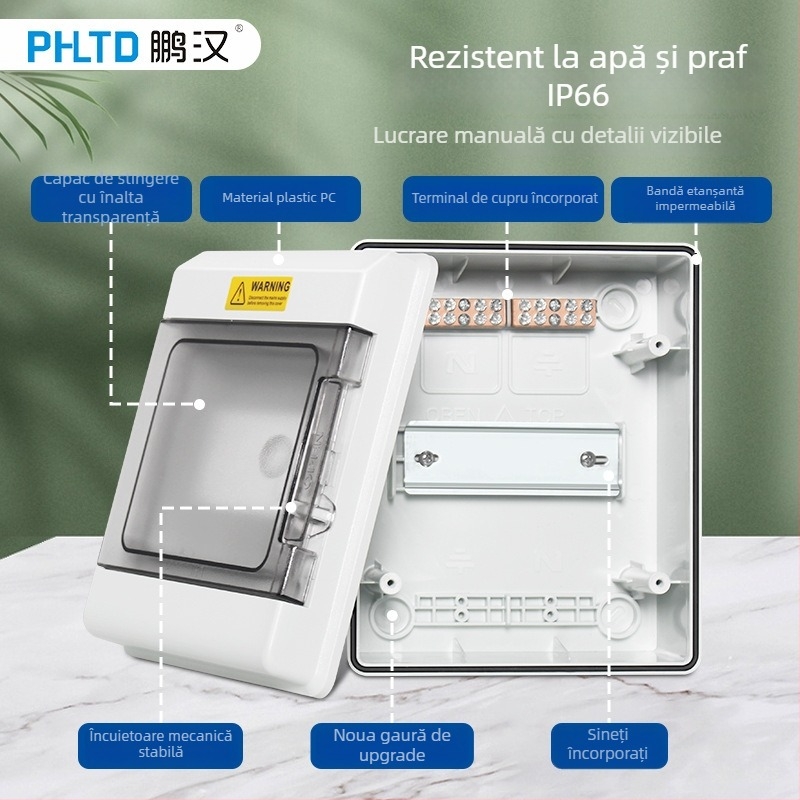 Cutie distribuție PV IP66, carcasă PC, rezistentă la apă și praf, 4–36 circuite, 1–2 rânduri, curent nominal 10 A, curent la scurtcircuit 30 A, montaj pe perete