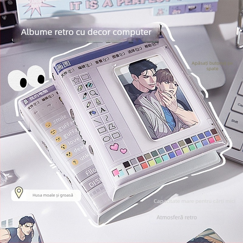 Album pentru carduri foto – interfață retro de calculator, design cu vedetă anime, cu foi detașabile