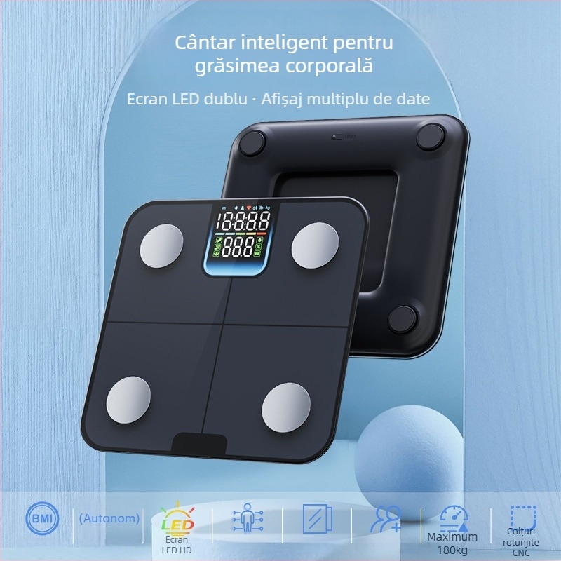 Cântar pentru grăsimea corporală și apă, cu 4 senzori, Bluetooth BLE, afișaj LED, capacitate 180 kg