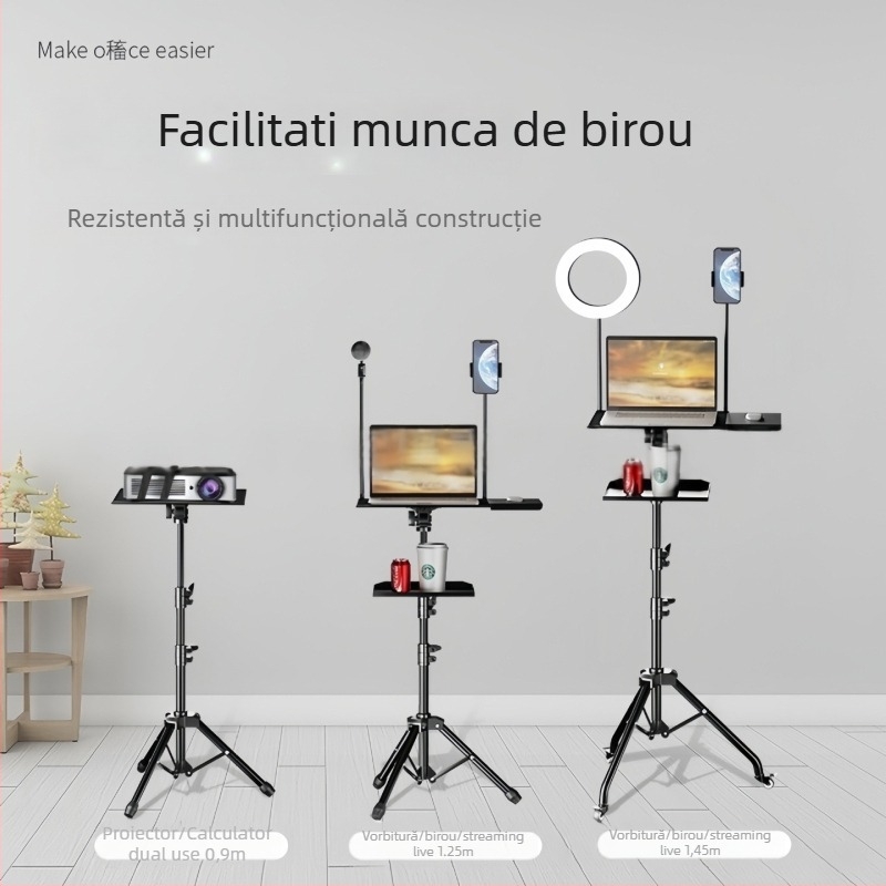 Suport pentru notebook cu raft de birou reglabil înălțime, tavă rotativă și bază de tip trepied