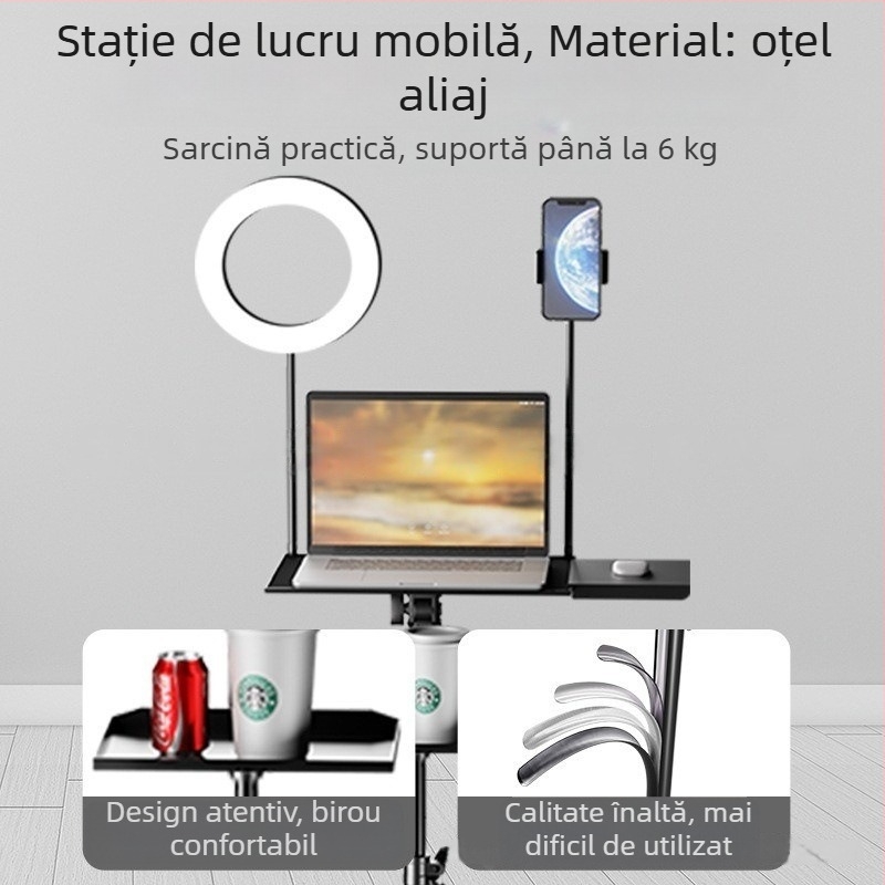 Suport pentru notebook cu raft de birou reglabil înălțime, tavă rotativă și bază de tip trepied