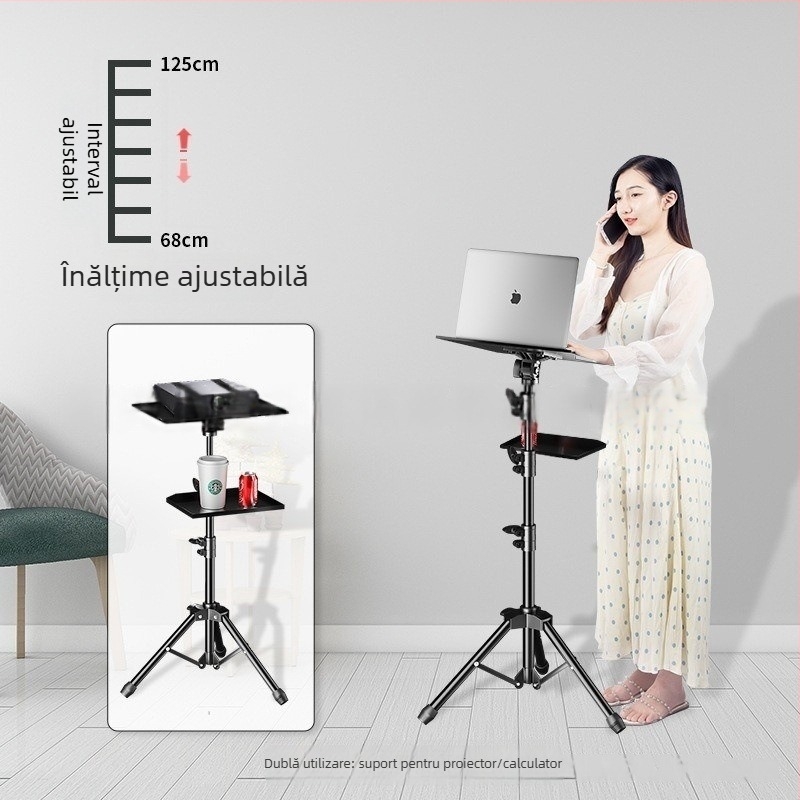 Suport pentru notebook cu raft de birou reglabil înălțime, tavă rotativă și bază de tip trepied