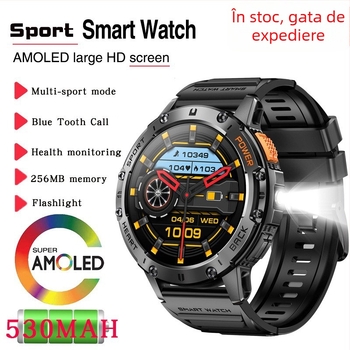 Ceas smart K65 pentru bărbați, cu ecran AMOLED circular, monitorizare sănătate (ritm cardiac, tensiune arterială, oxigen în sânge) și monitorizare somn, autonomie baterie 7–14 zile, curea din oțel inoxidabil