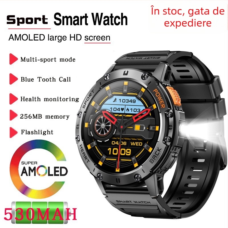 Ceas smart K65 pentru bărbați, cu ecran AMOLED circular, monitorizare sănătate (ritm cardiac, tensiune arterială, oxigen în sânge) și monitorizare somn, autonomie baterie 7–14 zile, curea din oțel inoxidabil