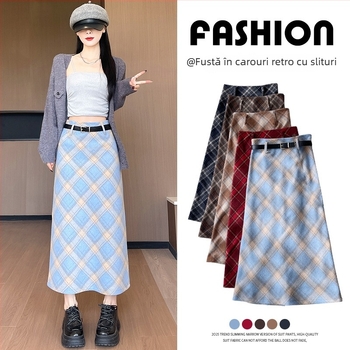 Fustă cu talie înaltă, carouri, lungime midi, poliester, micro-elastic