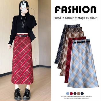 Fustă cu talie înaltă, carouri, lungime midi, poliester, micro-elastic