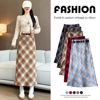 Fustă cu talie înaltă, carouri, lungime midi, poliester, micro-elastic