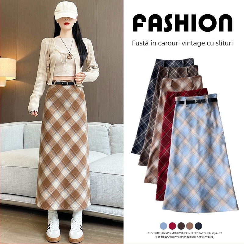 Fustă cu talie înaltă, carouri, lungime midi, poliester, micro-elastic