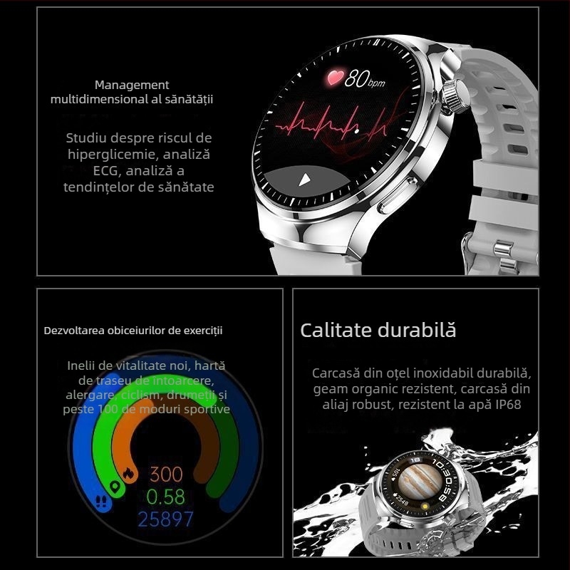 Smartwatch cu monitorizare tensiune arterială, ritm cardiac și oxigen din sânge, plăți NFC și monitorizare a somnului