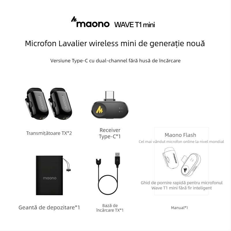 Maono Flash T1Mini microfon clip-on omnidirecțional, wireless pentru transmisiuni live pe telefon