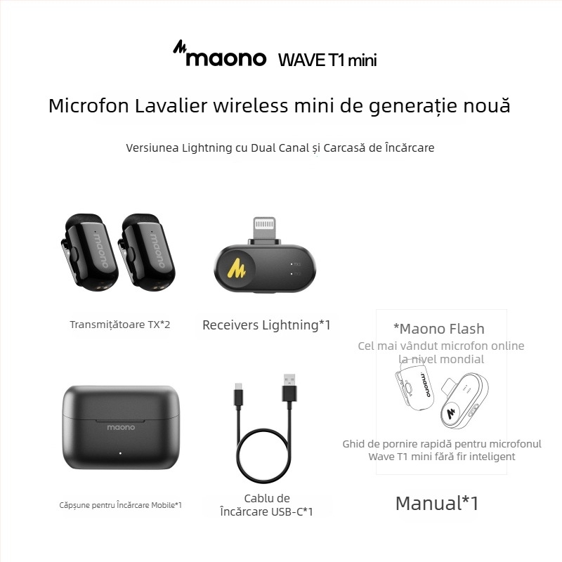 Maono Flash T1Mini microfon clip-on omnidirecțional, wireless pentru transmisiuni live pe telefon