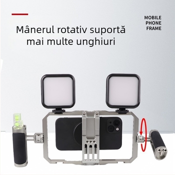Stabilizator video pentru telefon mobil pentru Vlog, trepied anti-șoc, set microfon și iluminare, cadru de tip cage pentru streaming live
