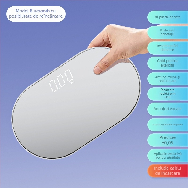 Balanță corporală Bluetooth Time Star BF2030 cu afișaj LED, măsurare grăsime corporală și umiditate, încărcare USB, interval greutate 0.2–180 kg