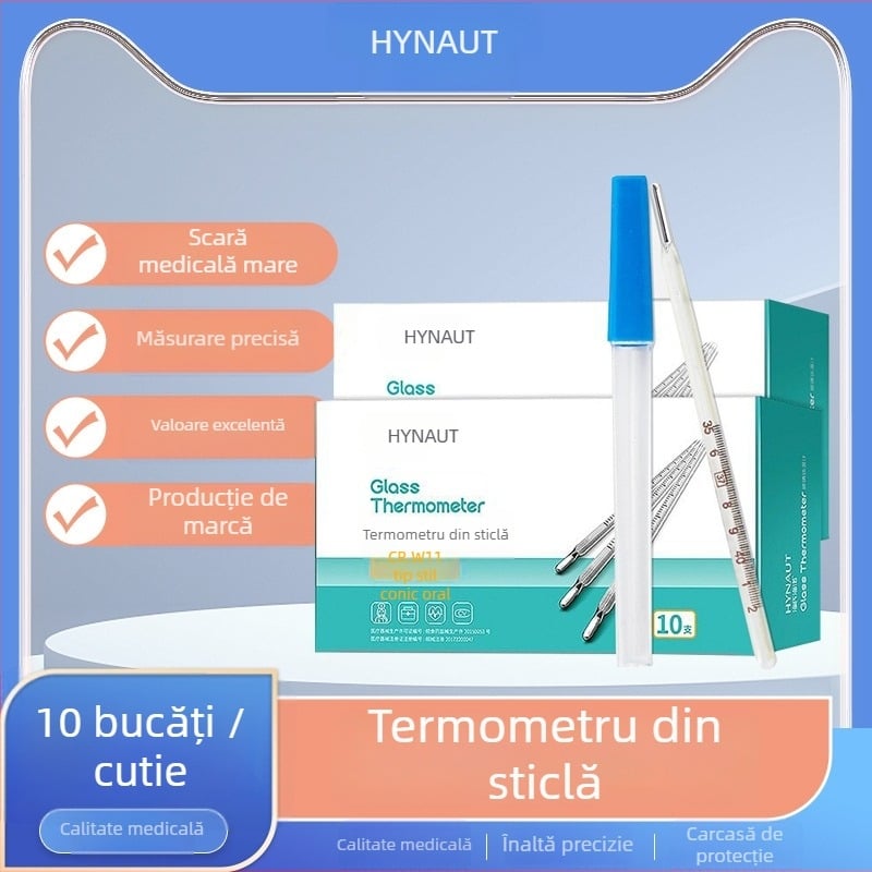Termometru medical din sticlă cu mercur pentru măsurarea febrei subrațului și în gură, reutilizabil, cutie cu 10 bucăți, brand Hainuo