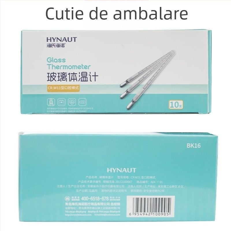 Termometru medical din sticlă cu mercur pentru măsurarea febrei subrațului și în gură, reutilizabil, cutie cu 10 bucăți, brand Hainuo