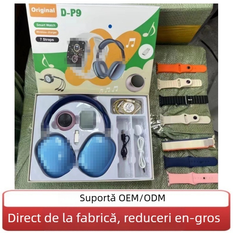 Ceas inteligent D-P9 cu apel Bluetooth și cască P9 — monitorizarea ritmului cardiac, tensiunii arteriale și oxigenării sângelui; monitorizarea somnului; autonomie baterie 7–14 zile