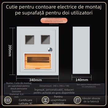 Cutie de contoare pentru două locuințe, monofazată, montaj pe suprafață sau încastrat, protecție IP30 împotriva apei și prafului, carcasă din oțel laminat la rece, certificat CCC