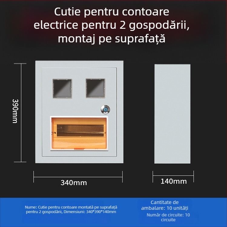 Cutie de contoare pentru două locuințe, monofazată, montaj pe suprafață sau încastrat, protecție IP30 împotriva apei și prafului, carcasă din oțel laminat la rece, certificat CCC