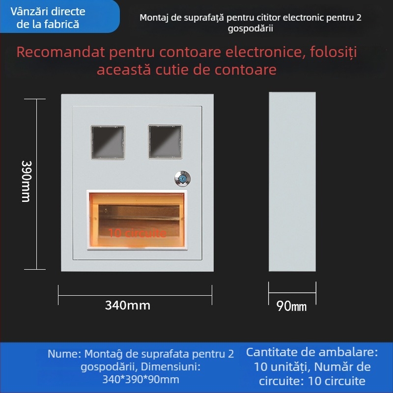 Cutie de contoare pentru două locuințe, monofazată, montaj pe suprafață sau încastrat, protecție IP30 împotriva apei și prafului, carcasă din oțel laminat la rece, certificat CCC
