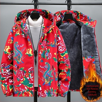 Geacă bărbătească din bumbac cu glugă, imprimeu camuflaj, căptușeală groasă, fermoar, umplutură 100% bumbac