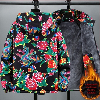 Geacă bărbătească din bumbac cu glugă, imprimeu camuflaj, căptușeală groasă, fermoar, umplutură 100% bumbac