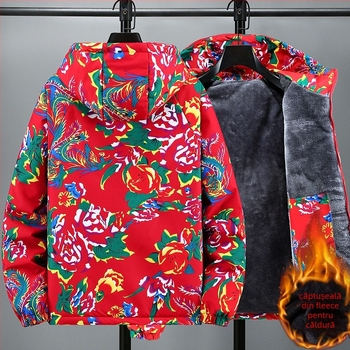 Geacă bărbătească din bumbac cu glugă, imprimeu camuflaj, căptușeală groasă, fermoar, umplutură 100% bumbac