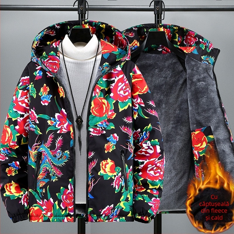 Geacă bărbătească din bumbac cu glugă, imprimeu camuflaj, căptușeală groasă, fermoar, umplutură 100% bumbac
