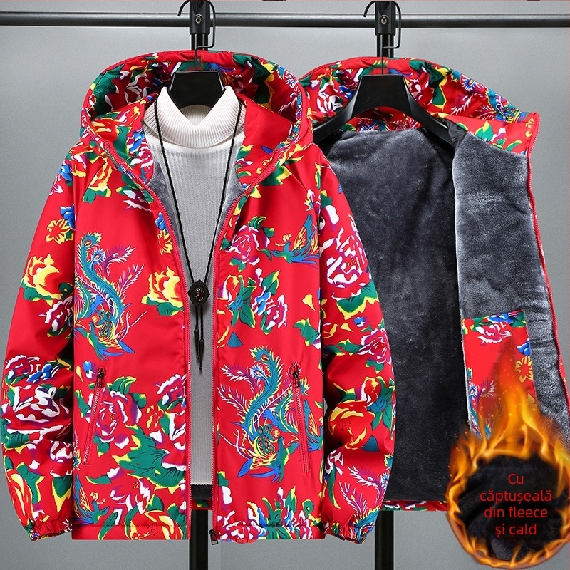 Geacă bărbătească din bumbac cu glugă, imprimeu camuflaj, căptușeală groasă, fermoar, umplutură 100% bumbac