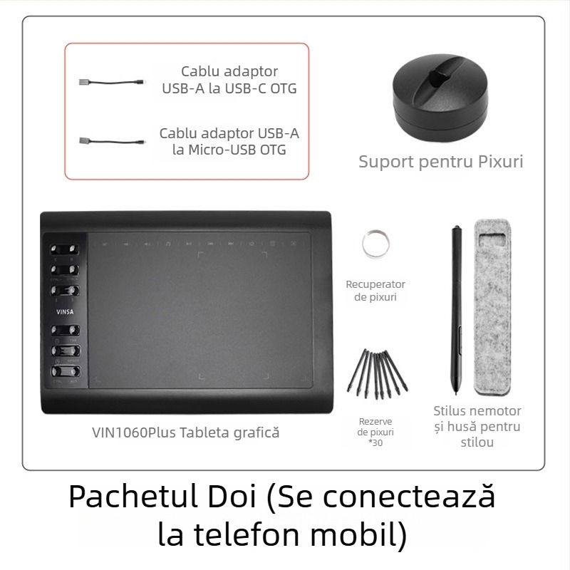Wencai VIN1060PLUS tabletă digitală de desen cu pix pasiv, 16384 niveluri de presiune, compatibilă cu calculatorul și telefonul mobil, carcasă ABS
