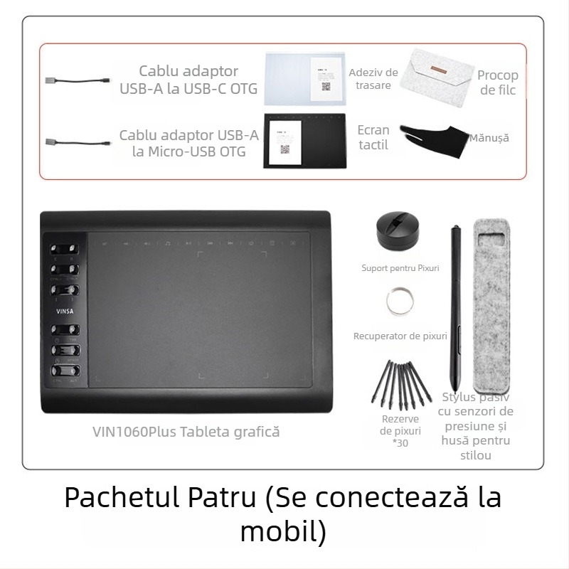 Wencai VIN1060PLUS tabletă digitală de desen cu pix pasiv, 16384 niveluri de presiune, compatibilă cu calculatorul și telefonul mobil, carcasă ABS