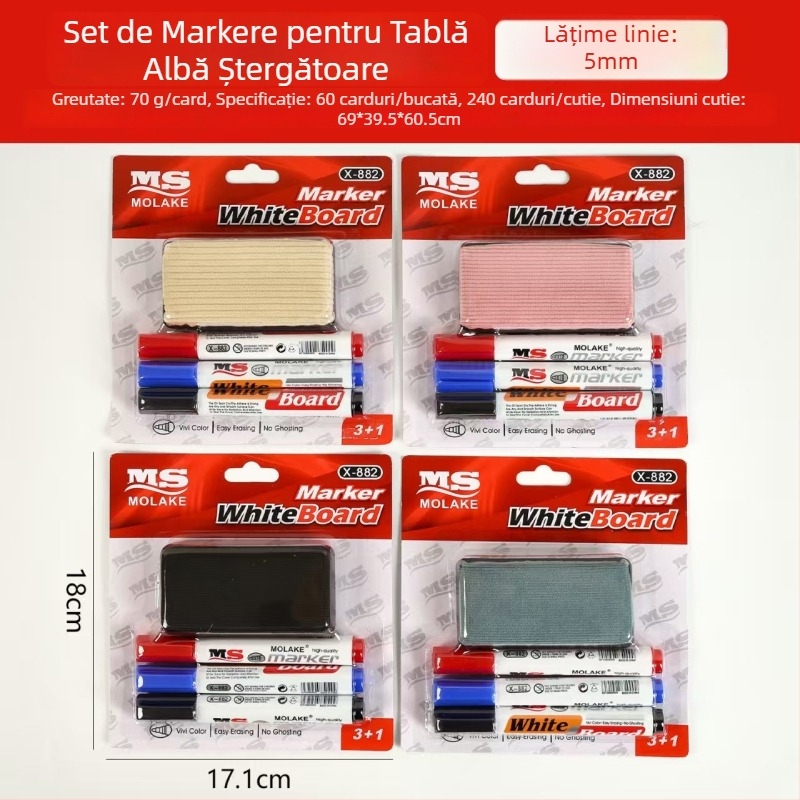 Markeri pentru tablă Model 882, din plastic, pe bază de apă, ștergători, vârf 0,55 mm, set de trei