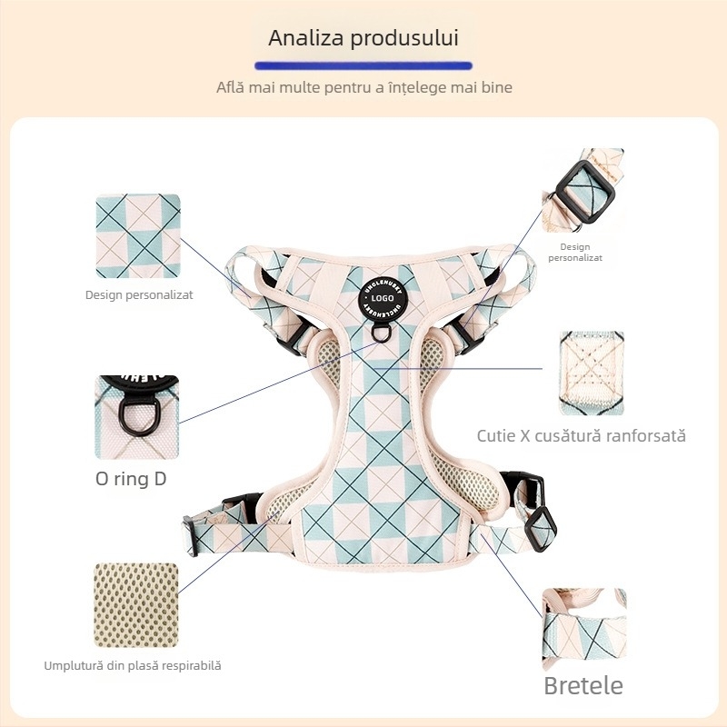 Set de lesă pentru câini din nailon, tip I, reglabilă pe piept și spate, din trei piese, retractabilă, marca Huasong