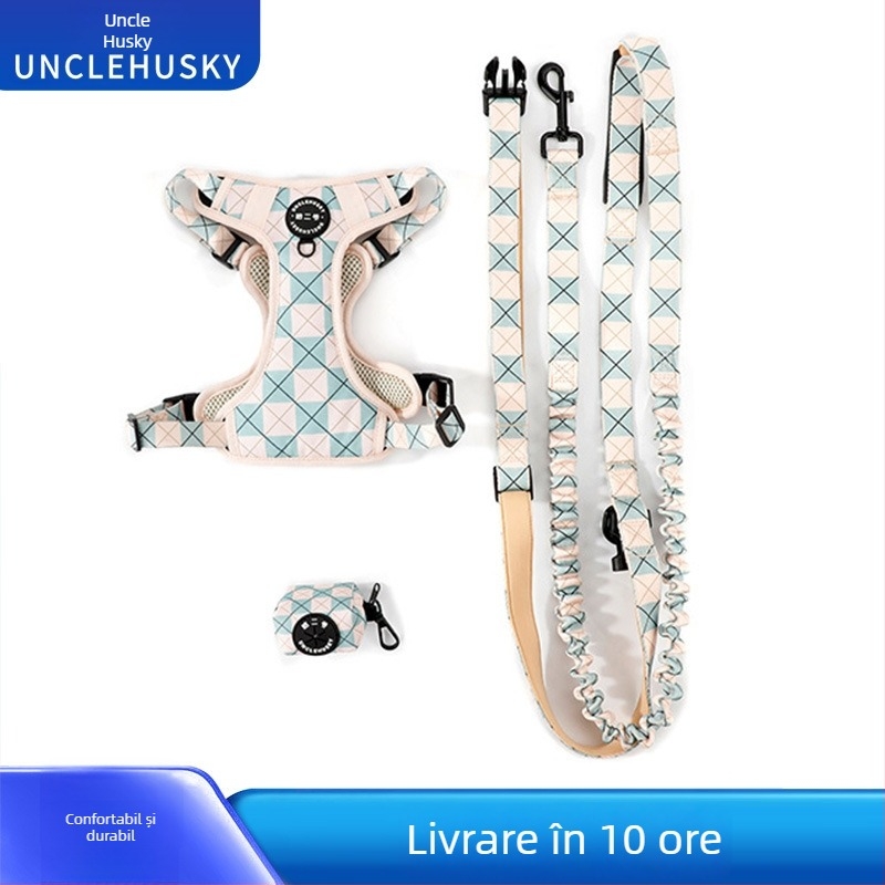 Set de lesă pentru câini din nailon, tip I, reglabilă pe piept și spate, din trei piese, retractabilă, marca Huasong