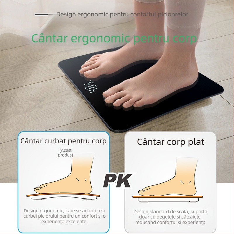 Cântar de grăsime corporală cu design ergonomic al arcului piciorului (SZM001, afișaj LED, ecran 70×34 mm, interval de greutate 5–180 kg, sticlă temperată)