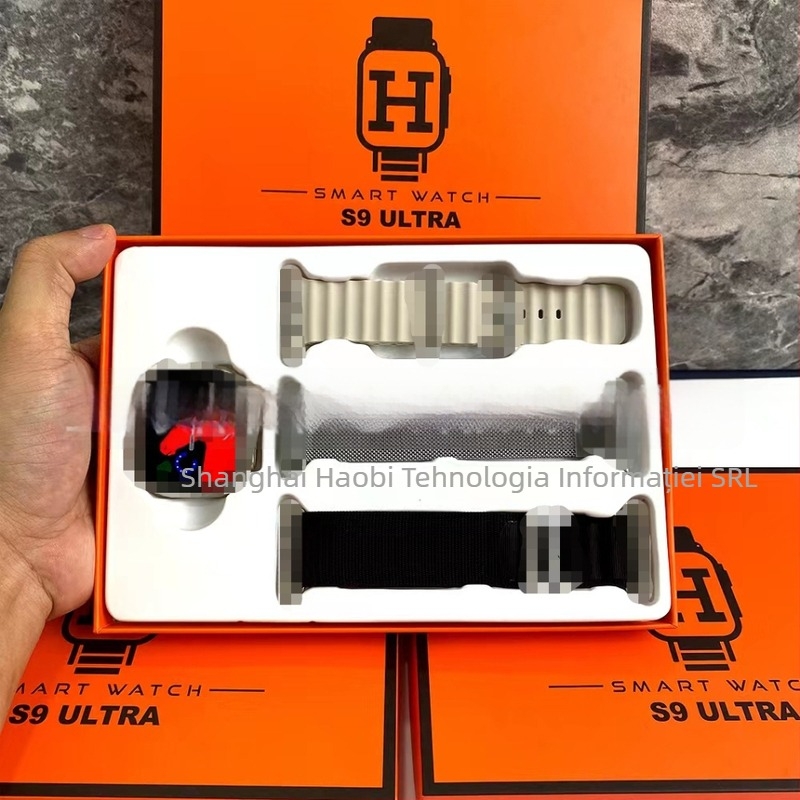 S9 Ultra ceas inteligent sport cu ecran AMOLED, carcasă din aliaj de titan, apel Bluetooth, monitorizare sănătate (HR/BP/SpO2) și set de 3 curele