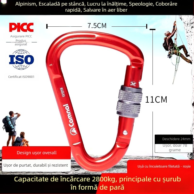 Canle carabinier din aluminiu, formă pară, încuietoare filet, sarcină 2800N, pentru alpinism în aer liber