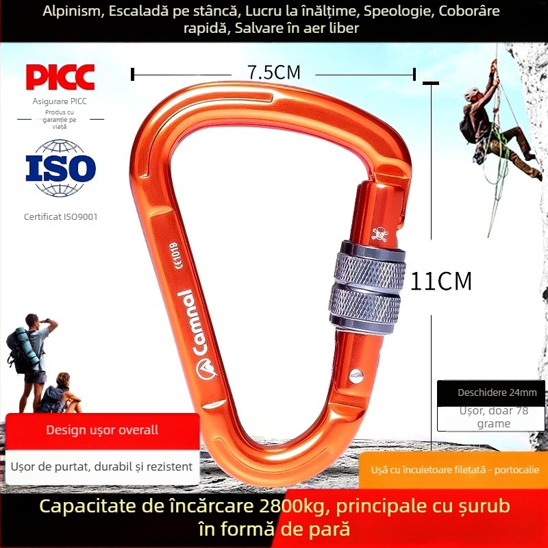 Canle carabinier din aluminiu, formă pară, încuietoare filet, sarcină 2800N, pentru alpinism în aer liber
