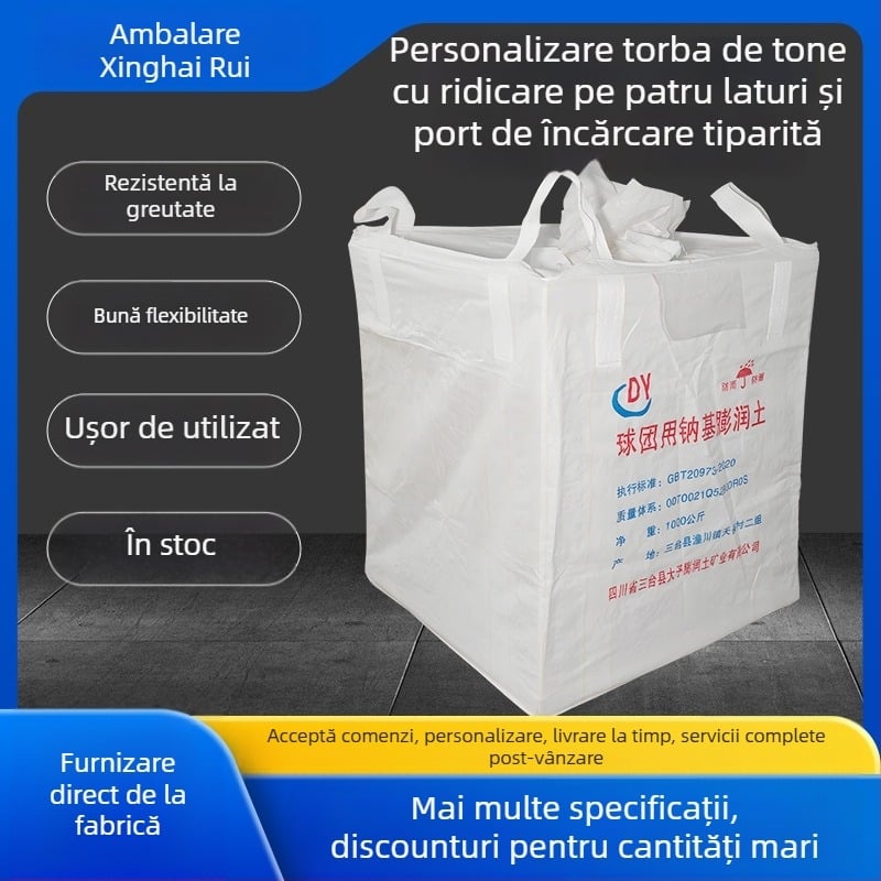 Sac de ton alb, industrial, cu prinderi pe patru laturi și orificiu de umplere, sac țesut cu imprimare personalizată
