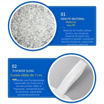Sac bulk întărit, capacitate 2–3 tone, bază din plasă, sac container