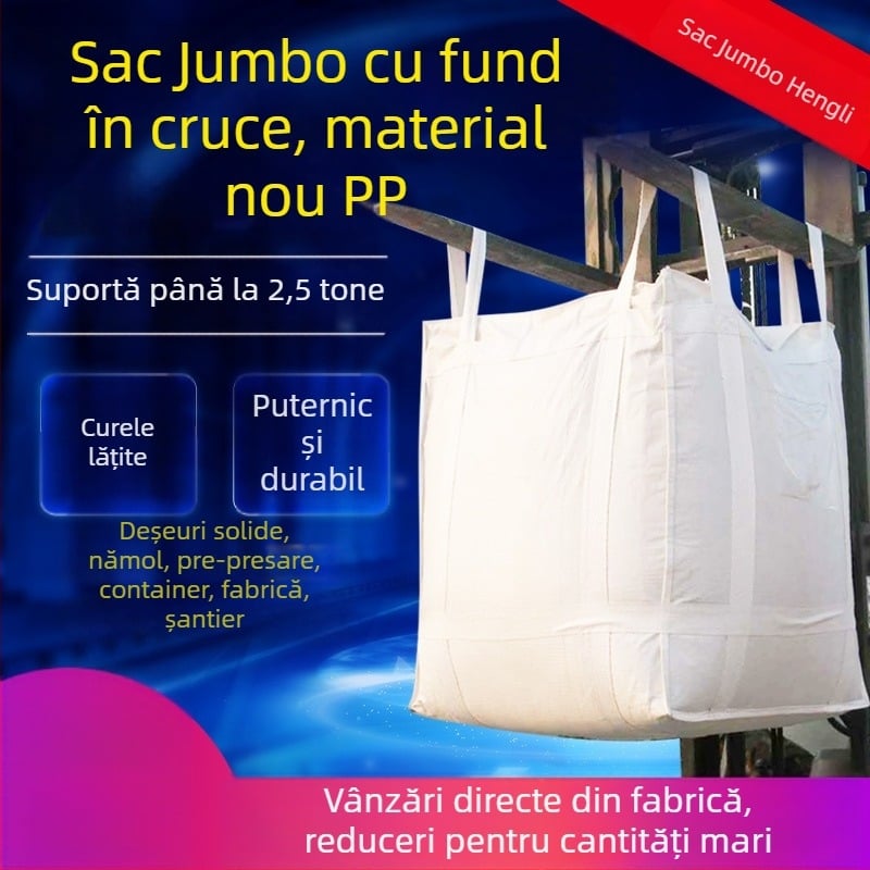 Sac bulk întărit, capacitate 2–3 tone, bază din plasă, sac container