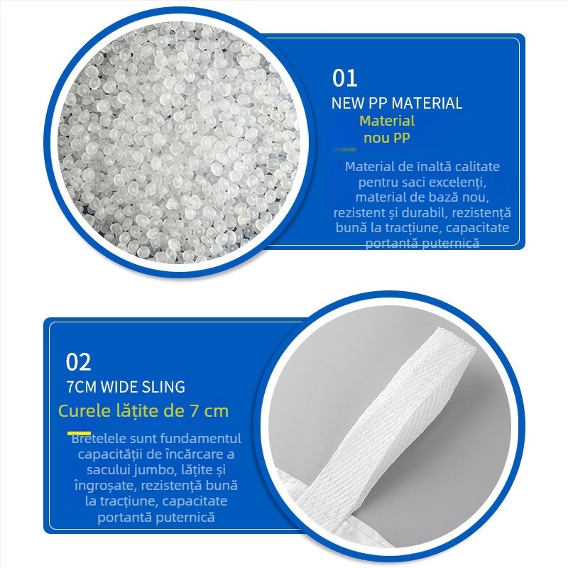 Sac bulk întărit, capacitate 2–3 tone, bază din plasă, sac container