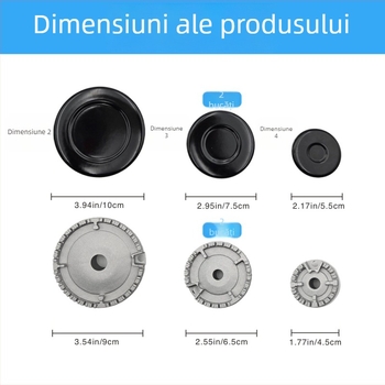 Accesorii Sabaf pentru arzător de gaz la plită: capac plat pentru flacără + set distribuitor de flacără; capac din metal + distribuitor de flacără; montaj manual; greutate netă 500 g