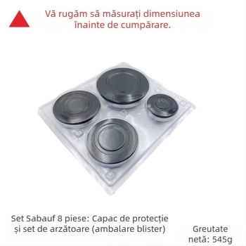 Accesorii Sabaf pentru arzător de gaz la plită: capac plat pentru flacără + set distribuitor de flacără; capac din metal + distribuitor de flacără; montaj manual; greutate netă 500 g