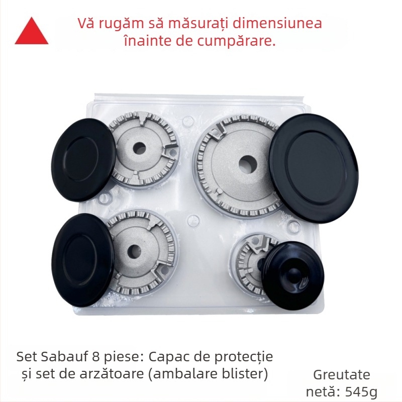 Accesorii Sabaf pentru arzător de gaz la plită: capac plat pentru flacără + set distribuitor de flacără; capac din metal + distribuitor de flacără; montaj manual; greutate netă 500 g