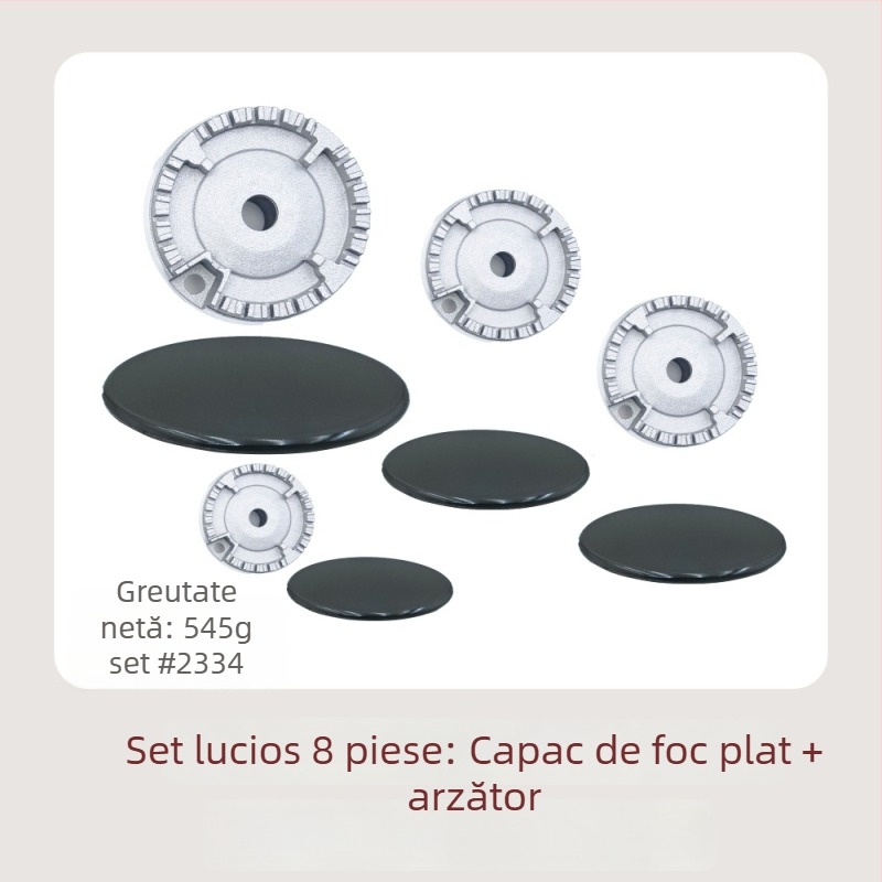 Accesorii Sabaf pentru arzător de gaz la plită: capac plat pentru flacără + set distribuitor de flacără; capac din metal + distribuitor de flacără; montaj manual; greutate netă 500 g