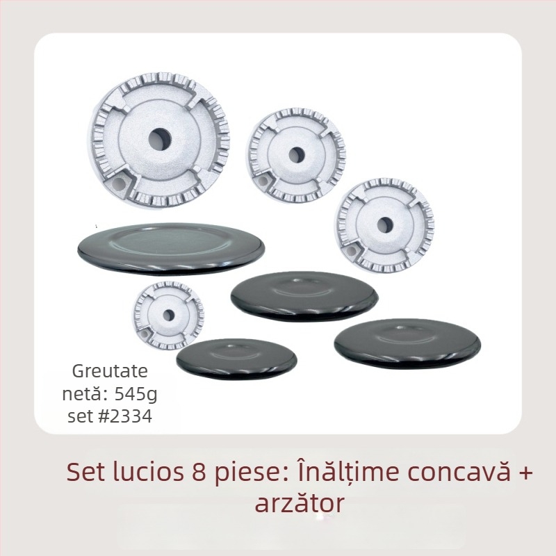 Accesorii Sabaf pentru arzător de gaz la plită: capac plat pentru flacără + set distribuitor de flacără; capac din metal + distribuitor de flacără; montaj manual; greutate netă 500 g
