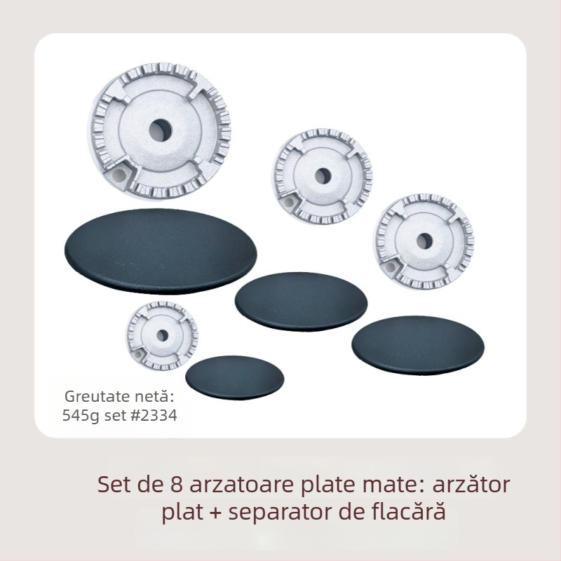 Accesorii Sabaf pentru arzător de gaz la plită: capac plat pentru flacără + set distribuitor de flacără; capac din metal + distribuitor de flacără; montaj manual; greutate netă 500 g