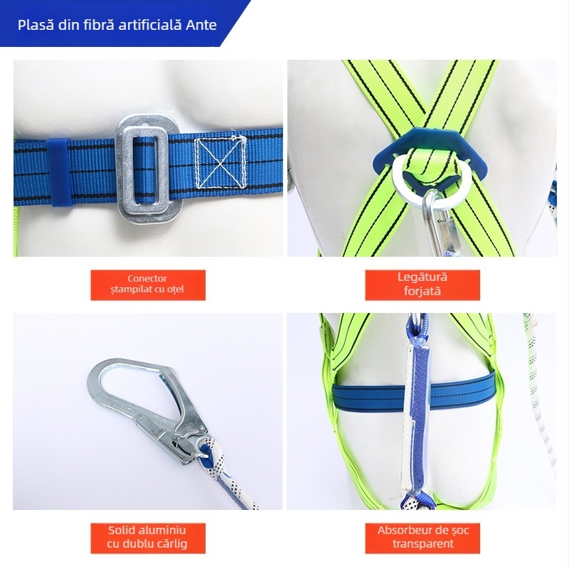 Lattice curea de siguranță pentru întregul corp, cu cinci puncte, frânghie din nylon, cârlig dublu mare și husă tampon pentru protecție la cădere