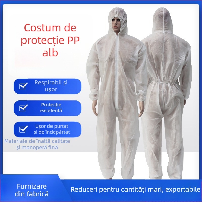 Combinezon alb, respirabil, de unică folosință, cu glugă, din PP nețesut, protecție împotriva prafului pentru creșterea porcinelor și spații curate din fabricile de furaje