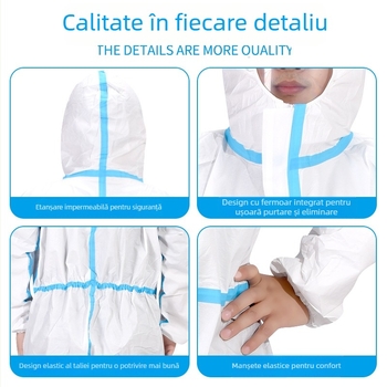 Combine de protecție de unică folosință cu glugă, anti-static, tip conectat, protecție chimică, membrană nețesută respirabilă